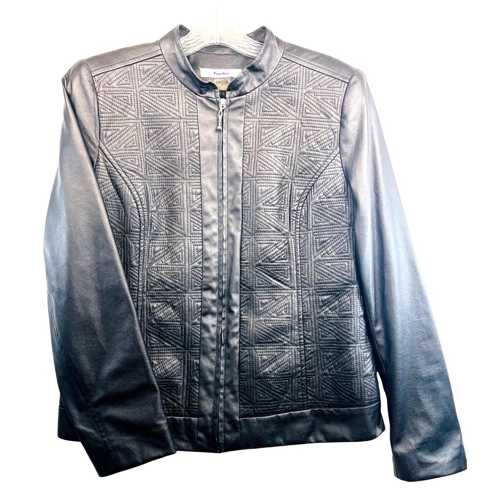 TanJay Black Faux Leather Quilted Geometric Zip Front Jacket Womens Size 8